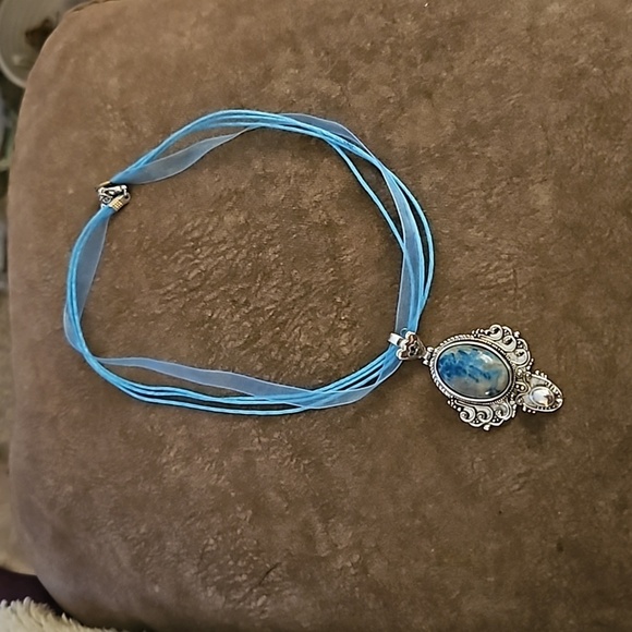 Vintage Stainless Steel Chrysocolla Victorian Colonial Style Pendant Necklace - Picture 2 of 5